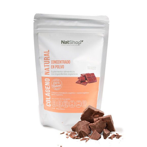 Colágeno Natural Hidrolizado en Polvo, Sabor a cacao orgánico, Con Stevia- 240g. NATSHOP